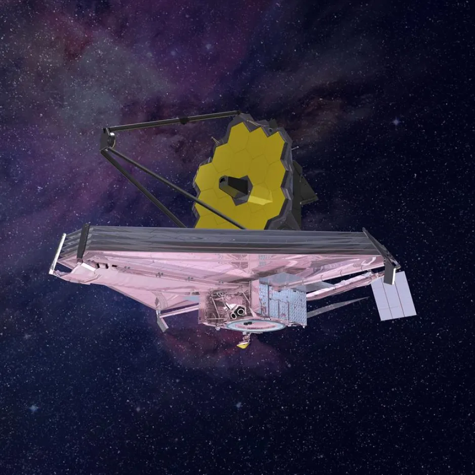 Une image animée par ordinateur du télescope spatial James Webb flottant dans l’espace.