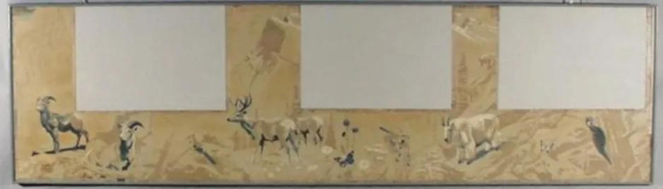 Tableau rectangulaire représentant des chevreuils et des chèvres de montagne, sur fond couleur crème.
