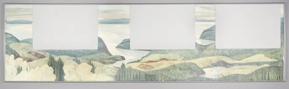 A painting in muted, natural colours depicts a lake, surrounded by trees and rocky cliffs, in Sibley Provincial Park.