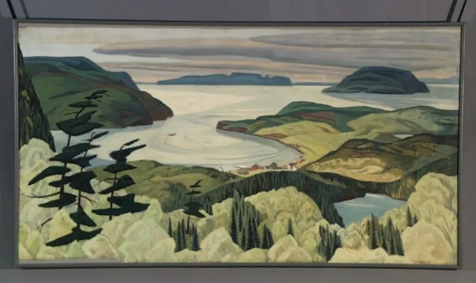 A painting in muted, natural colours depicts a lake, surrounded by trees and rocky cliffs, in Sibley Provincial Park.
