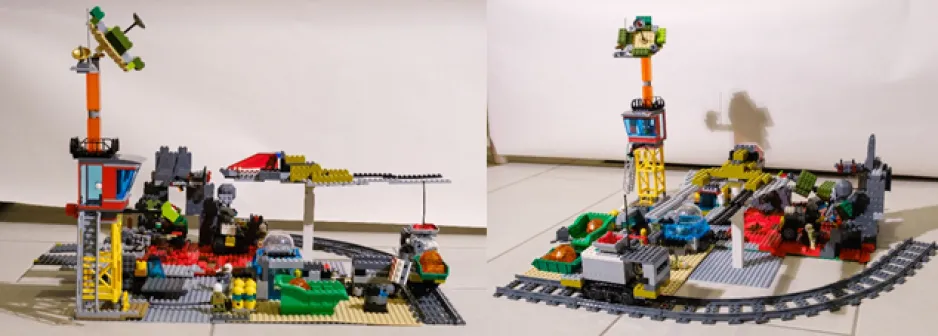Une image épissée en deux parties présente une création de LEGO complexe, prise à partir de deux angles différents. Une tour se trouve d’un côté de l'œuvre multicolore et de l’autre on voit une demie voie ferrée qui la contourne.
