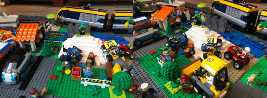 Une image épissée en deux parties présente une création de LEGO complexe, prise à partir de deux angles différents. Plusieurs véhicules et personnages en LEGO sont visibles dans la création multicolore.