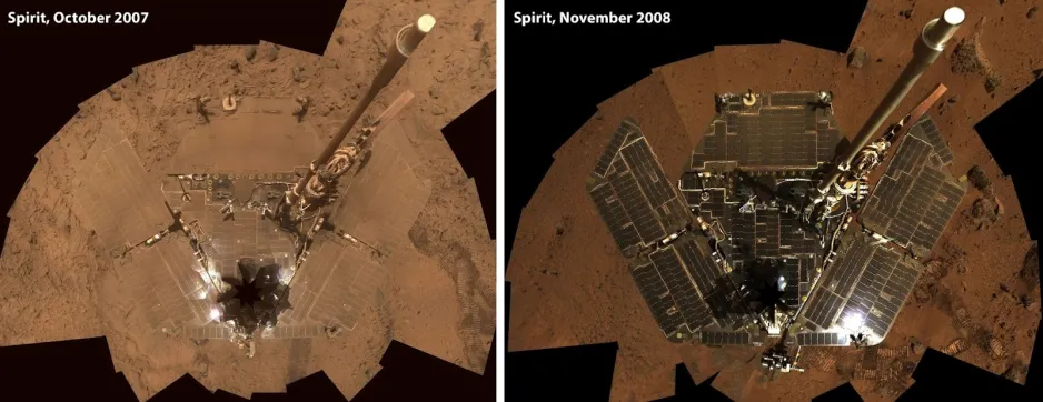 Two-panel image showing an overhead view of the Spirit rover on October 2007 and November 2008. In October 2007, the solar panels of the rover were caked in red dust, making the rover the same colour as the underlying martian landscape. By November 2008, dust devils had cleaned off the solar panels, revealing their shiny metallic appearance again. 