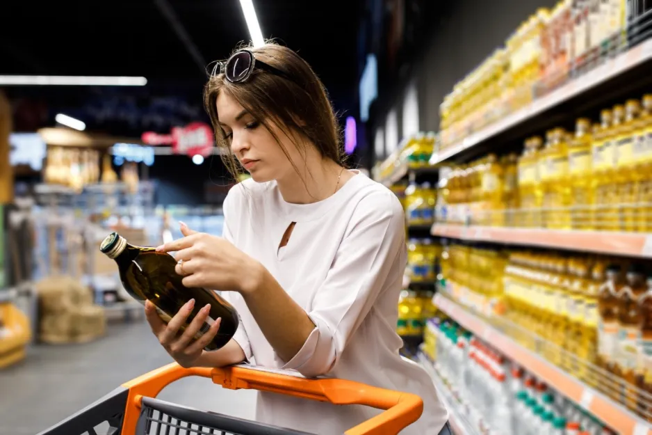 A young person in the cooking oil grocery aisle, holding a dark glass bottle and reading the label.