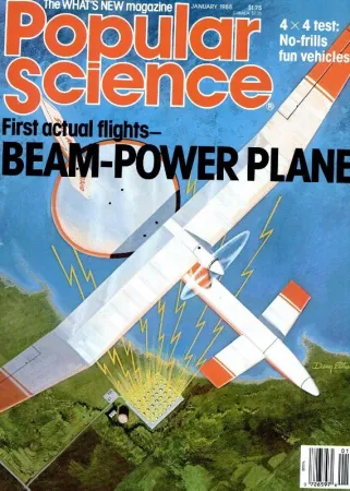 Le SHARP-6 en vol. Cet aéronef sans pilote vole apparemment à l’aide de batteries plutôt que des micro-ondes pour fournir l’électricité nécessaire au moteur. Anon., “First actual flights – Beam-powered plane.” Popular Science, janvier 1988, couverture.