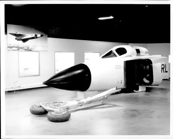 Black and white photograph showing the nose of the Avro Arrow on display at the National Aviation Museum.