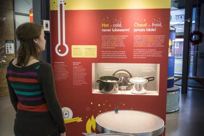 A person is standing in front of an exhibition module that has a display case with canning pots and the title “Hot or cold, never lukewarm!”