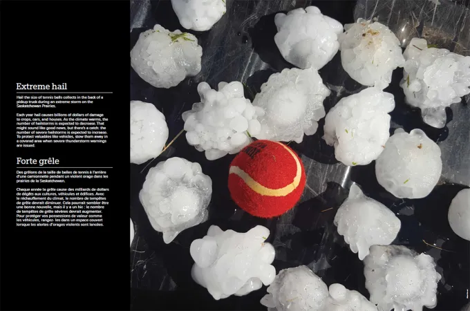A red tennis ball is seen amongst many pieces of hail stones, the same size as the tennis ball. To the left of the image is a black strip with the title “Extreme hail” above some text.