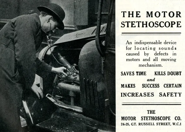 Using a mechanic’s stethoscope, more specifically a Motor Stethoscope, to pinpoint a problem in the engine of an automobile. “Advertising – Motor Stethoscope Company.” Air, June 1928, 43.