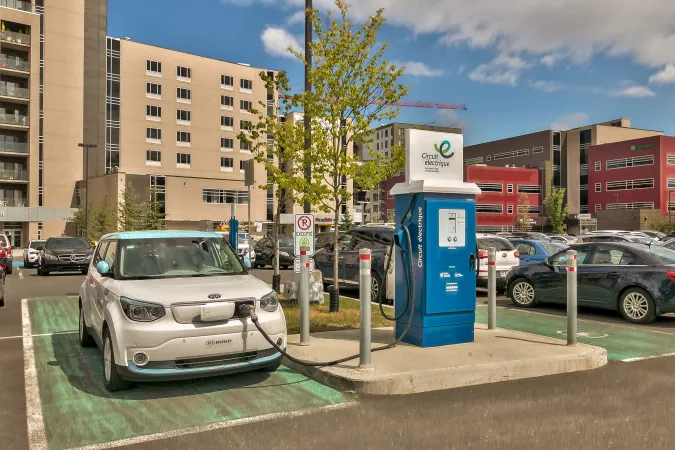 Electric vehicle charging station in Quebec, Canada. 