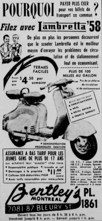 A typical Innocenti Lambretta scooter. Anon. “Advertising – Bentley’s Cycles and Sports Limited.” Le Petit Journal, 10 August 1958, 110.