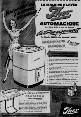 A Thor Automagic combined dishwasher and washing machine. Anon., “Advertising – Thor Canadian Company Limited.” La Patrie, 20 November 1948, 4.