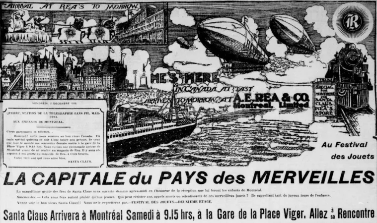 Les deux dirigeables rigides de Santa Claus au dessus du fleuve Saint-Laurent à la hauteur de Québec, Québec. Anon., « Publicité – A.E. Rea & Company. » La Presse, 2 décembre 1910, 15.