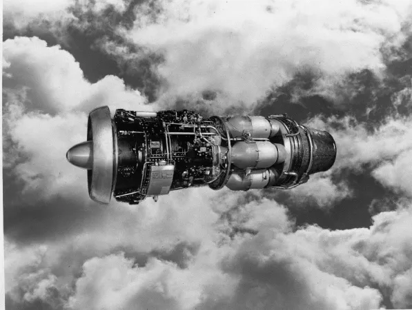 Publicity photograph of an Orenda engine against cloud background