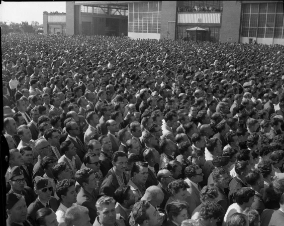 Photograph of a crowd of Avro employees waiting for the launch of the Avro Arrow