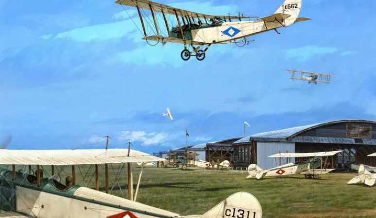Curtiss JN-4 (Can.) and JN-4a airplanes during First World War. Artist: Robert W. Bradford Date: ca. 1966. Source: Ingenium 1967.0891