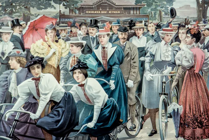 Fashionable French cyclists ride in the Bois de Boulogne at the height of the world-wide bicycle craze of the 1890s.