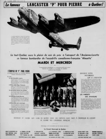 The advertising published by the Québec daily Le Soleil to publicise the visit of the Lancaster from No. 425 Squadron (Alouette) to RCAF Station L’Ancienne-Lorette in August 1945. Anon. “Le fameux Lancaster ‘P’ pour Pierre à Québec.” Le Soleil, 13 August 1945, 8.