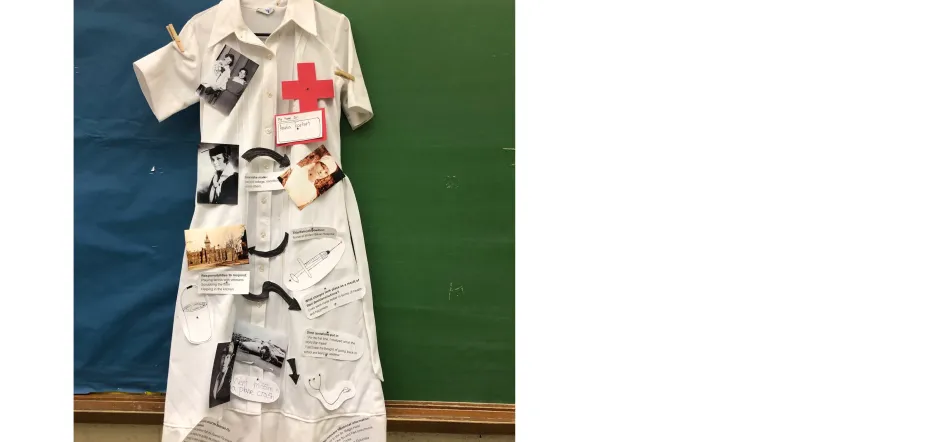 Sketchnote of the work of Amelia Earhart, volunteer nurse at the Spadina Base Hospital, on a nurse’s uniform.
