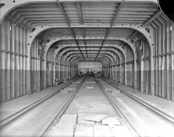 A black-and-white image of the train deck on the SS Prince Edward Island.