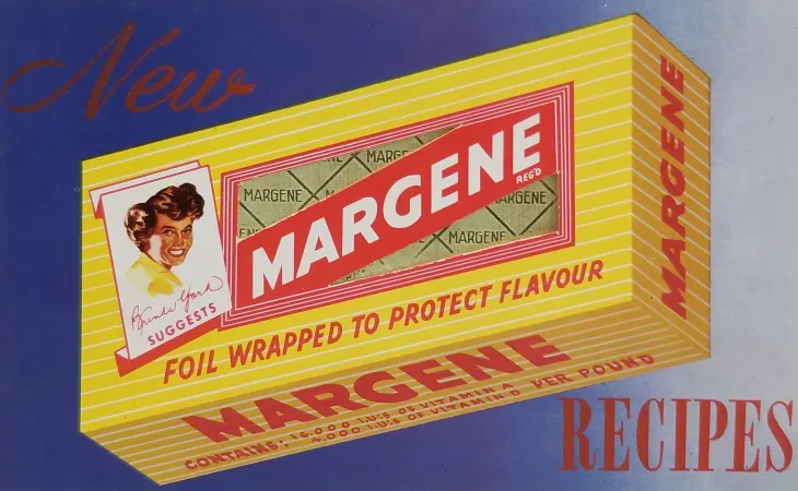 The cover of a recipe book, featuring a yellow box of Margene on a blue background.