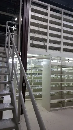 Photo shows the former trade literature storage room at 2380 Lancaster half-lit and  with empty shelves