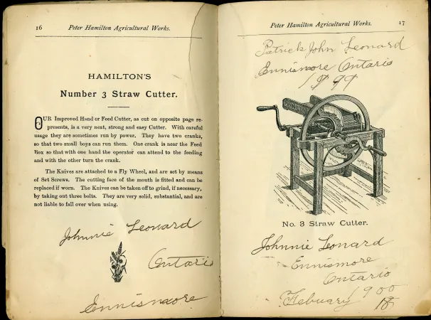 Catalogue pages with Johnnie Leonard’s signature and other handwriting, this time in ink.  The printed information is about Hamilton’s Number 3 Cutter; there is text on one page and a diagram on the other. 
