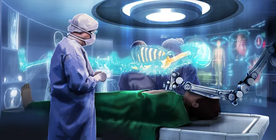 A surgeon stands watch over a patient being operated on by a robot. Holograms glow in the background