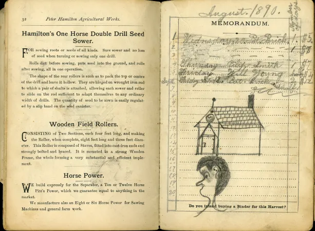 Another page of the catalogue with some handwriting in pencil, but also drawings of a person’s head and a church. The printed text on the other page is about Horse seed sowers, wooden field rollers, and horse power. 