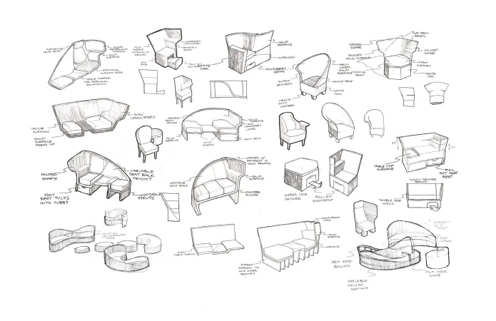 Pencil sketches showing an array of design ideas for the chair