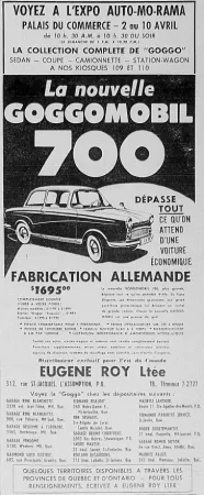 One of the advertisements published in Québec newspapers to promote the new Glas Goggomobil T700 automobile. Anon., “Advertisement – Eugène Roy Limitée.” La Presse, 1 April 1960, 39.