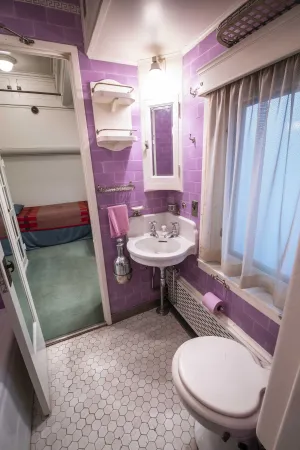 La photo de la salle de bain aux murs et au papier hygiénique violets dans le train royal.