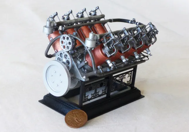 A photo of the finished and freshly painted model of the Curtiss engine