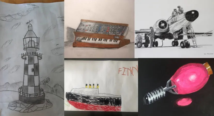 A collage of drawings and paintings for the Artistic Artifact competition. From left, clockwise: a drawing of a lighthouse, a drawing of a synthesizer, a drawing of a jet and ground crew, a drawing of a mercury light bulb, a drawing of a ship.