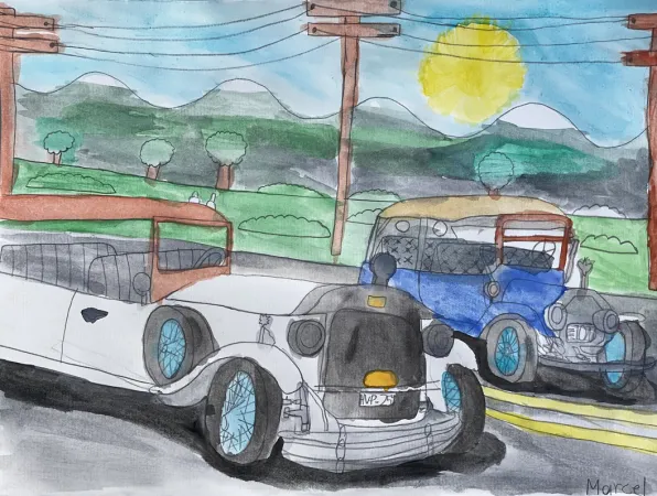A painting of two vintage cars on the road; telephone poles, mountains, and trees are visible in the background. 