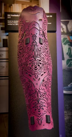 Dans cette photo d'un couvre-jambe prothétique Alleles, la forme de la couverture prothétique ressemble à la forme d'une jambe humaine, du genou à la cheville, mais son apparence est très stylisée. Cette prothèse est faite d'un plastique rose texturé, avec un motif noir détaillé qui s'étend de haut en bas. Le couvre-jambe est exposé au Musée des sciences et de la technologie du Canada (Ottawa), dans l'exposition La technologie prêt-à-porter.