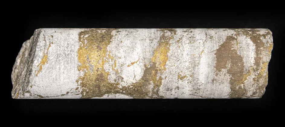 A cylindrical grey rock core with golden veins