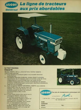An advertisement from Équipements Ascot Incorporée of Saint-Élie-d’Orford, Québec, extolling the merits of the UTB U530 tractor. Anon. “Advertising – Équipements Ascot Incorporée.” Le Bulletin des agriculteurs, February 1981, 28.