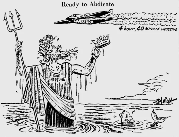 Editorial cartoon showing King Neptune offering his crown to the crew of the English Electric Canberra which crossed the Atlantic Ocean in February 1951. Charles R. Knight, “Ready to Abdicate.” The Windsor Daily Star, 22 February 1951, 4.
