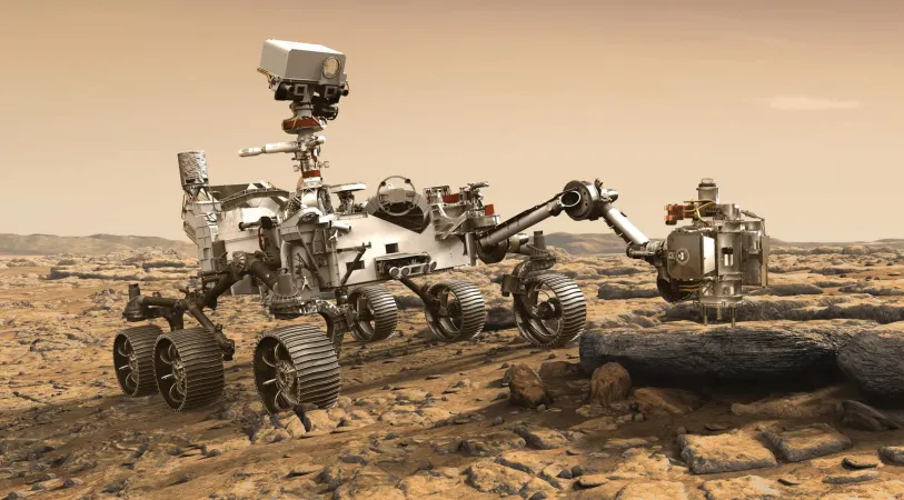 A six-wheeled rover is stationary on a light-coloured landscape. At the centre of the rover, a camera is mounted on top of a mast. A robotic arm is outstretched in front, and an instrument head at the end of the arm rests just above a rock.