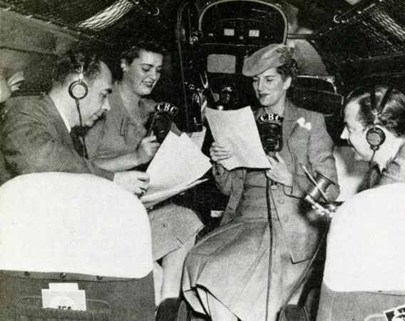 Canadian Broadcasting Corporation radio host Claire Wallace interviewing Trans-Canada Air Lines interior accommodation engineer Diana Jocelyn Dudley, January 1946. Anon. “Air Transportation – Radio Broadcast over Niagara.” Canadian Transportation, April 1946, 200. 