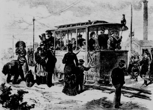 The very first electric streetcar operated by Telegraphen-Bau-Anstalt von Siemens & Halske, Berlin, German Empire. Anon., “The first electric railway in Berlin.” Canadian Illustrated News, 9 July 1881, 21.