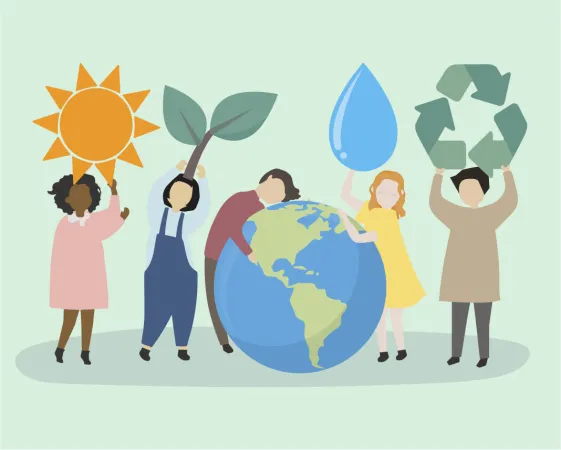 An illustration of a multi-ethnic group of children holding up a sun, a plant sprout, a raindrop and a recycling symbol. At the center, a child hugs planet Earth.