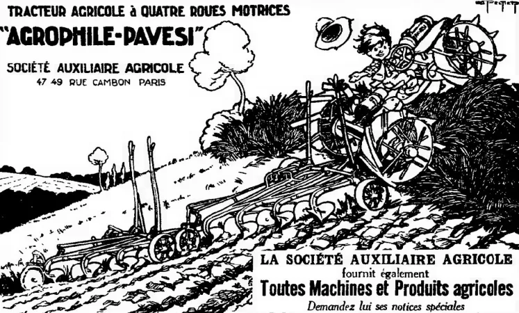 An advertisement of the Société auxiliaire agricole of Paris, France, showing a Pavesi P4 or Agrophile-Pavesi agricultural tractor in action. Anon., “Société auxiliaire agricole,” L’Agriculture nouvelle, 14 January 1922, 4.