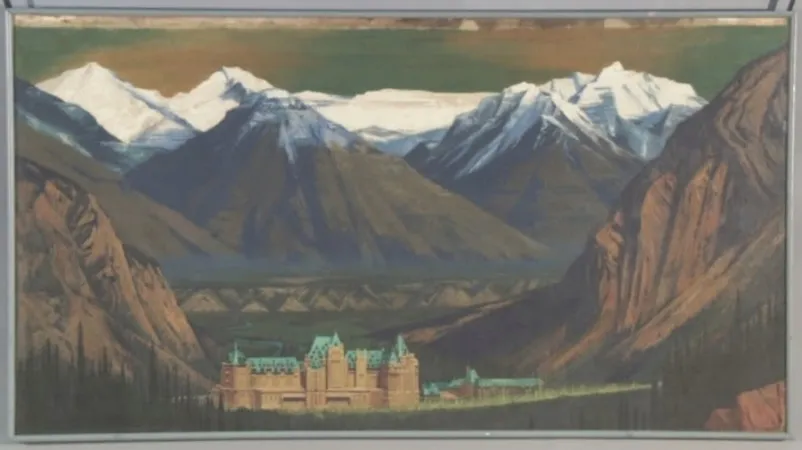 A painting depicts a castle-like building at the foot of the Rocky Mountains.