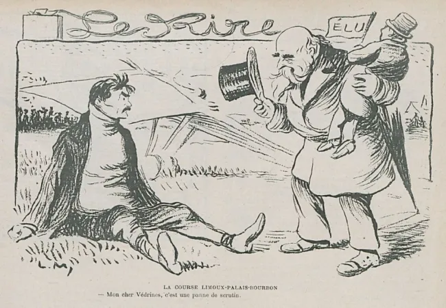 Cartoon of Senator Henri Charles Étienne Dujardin-Beaumetz messing with “Jules” Védrines, the defeated candidate in the Limoux, France, by-election of March 1912. Anon., “La course Limoux-Palais-Bourbon.” Le Rire, 30 March 1912, no page number.