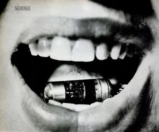 A close-up view of a radio pill a few moments before the first volunteer patient swallowed it. Anon., “Science – Radio Made to Swallow.” Life, 29 April 1957, 74.