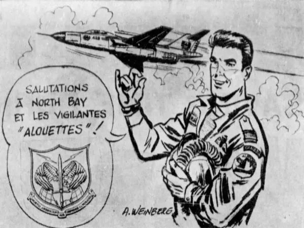 Dan Cooper, tel que dessiné par l’auteur de bande dessinée belge Albert Weinberg lors de sa visite à North Bay, Ontario, en mai-juin 1966. Anon., « Originator of RCAF cartoon hero visits defence bases at North Bay. » The North Bay Nugget, 3 juin 1966, 1.