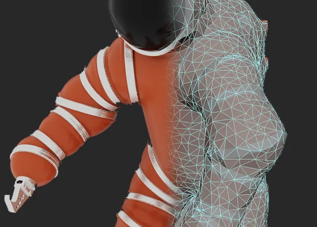 Cropped, 3D model of a diving suit against a black background.  The right side of the suit is bulky and orange, with shiny silver bands on the limbs, and with a black, domed helmet. The left side is stylized with a series of blue, interlocking 3D mesh lines overlaying the body.