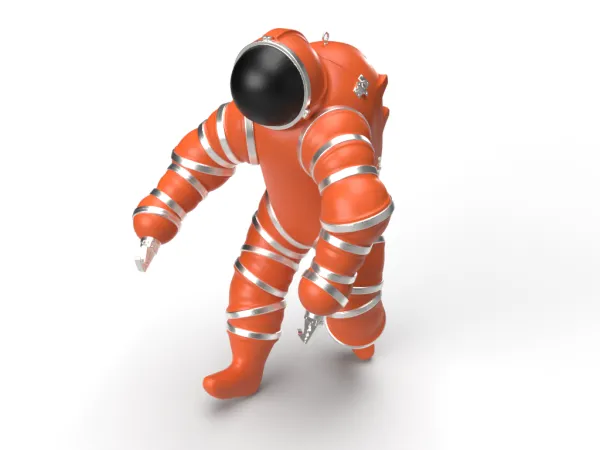Une massive combinaison de plongeur orange vif avec des rayures argentées autour des bras et des jambes. Les bras se terminent par des crochets argentés et un dôme au visage noir recouvre le casque.
